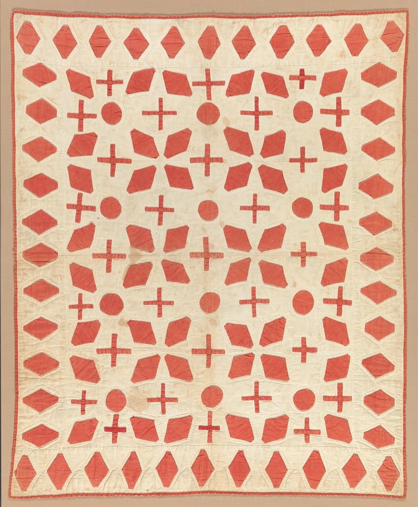 Cream and Red Appliqued Quilted Bedcover, Circa 1850
