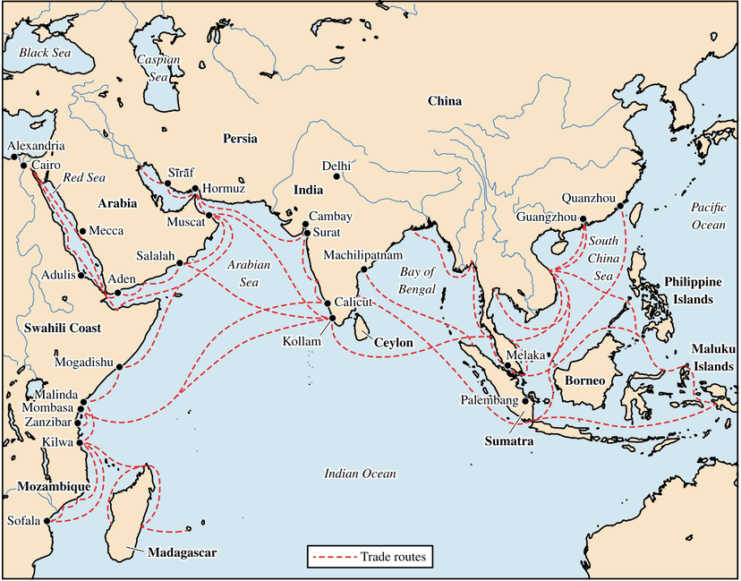 Map Showing Indian Ocean Trade Routes from the Swahili Coast